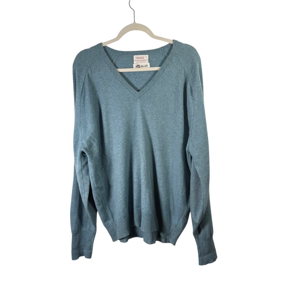 Thane Vintage Cashmere Blend Blue V-Neck Sweater Preppy FLAW Mens Large